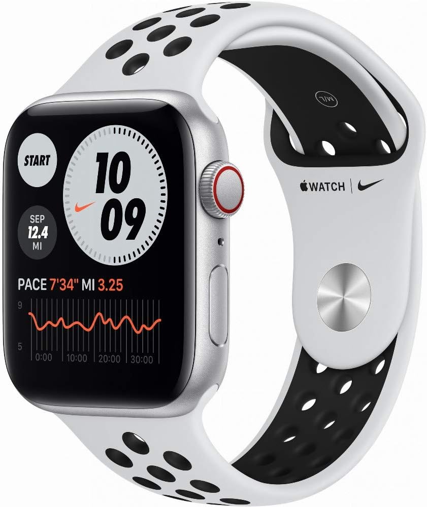 Apple Watch Nike+ Series 5 [GPS + Cellular, inkl. Sportarmband pure platinum/schwarz] 44mm Aluminiumgehäuse silber – Refurbished – Produktansicht