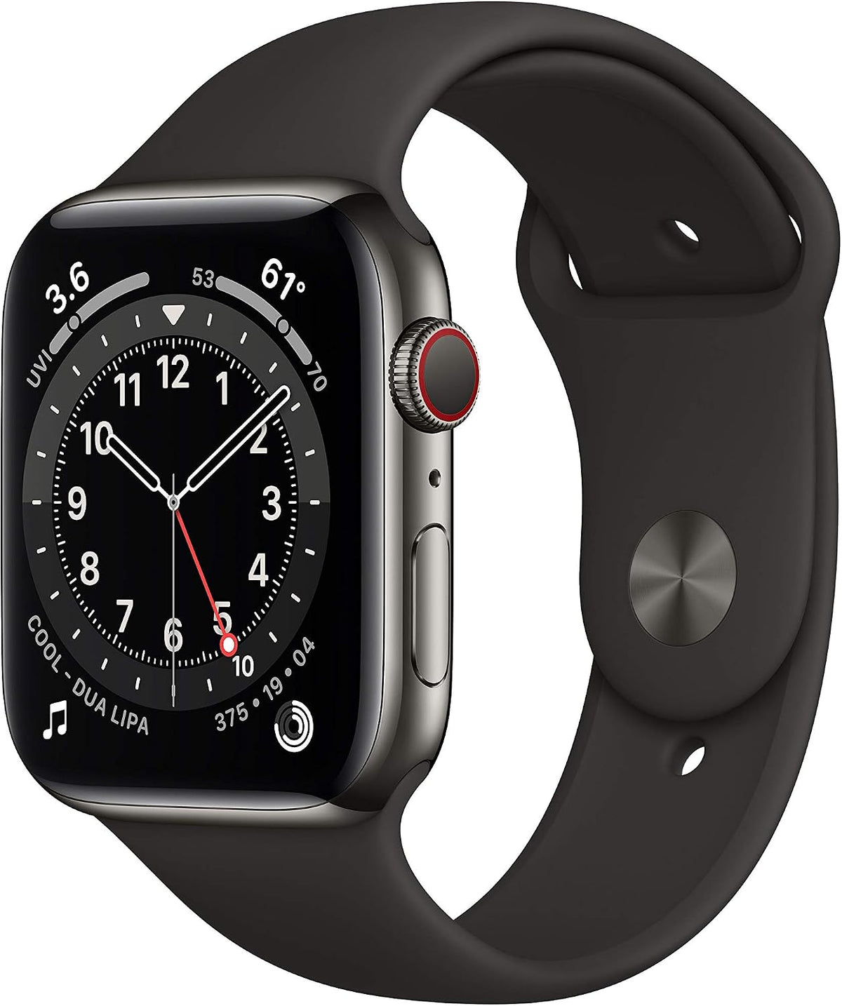 Apple Watch Series 6 [GPS + Cellular, inkl. Sportarmband schwarz] 44mm Edelstahlgehäuse graphit – Refurbished – Produktansicht