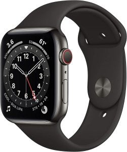 Apple Watch Series 6 [GPS + Cellular, inkl. Sportarmband schwarz] 44mm Edelstahlgehäuse graphit – Refurbished – Produktansicht