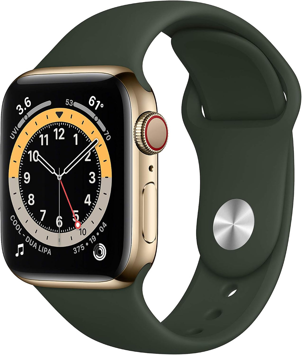 Apple Watch Series 6 [GPS + Cellular, inkl. Sportarmband zyperngrün] 40mm Edelstahlgehäuse gold – Refurbished – Produktansicht
