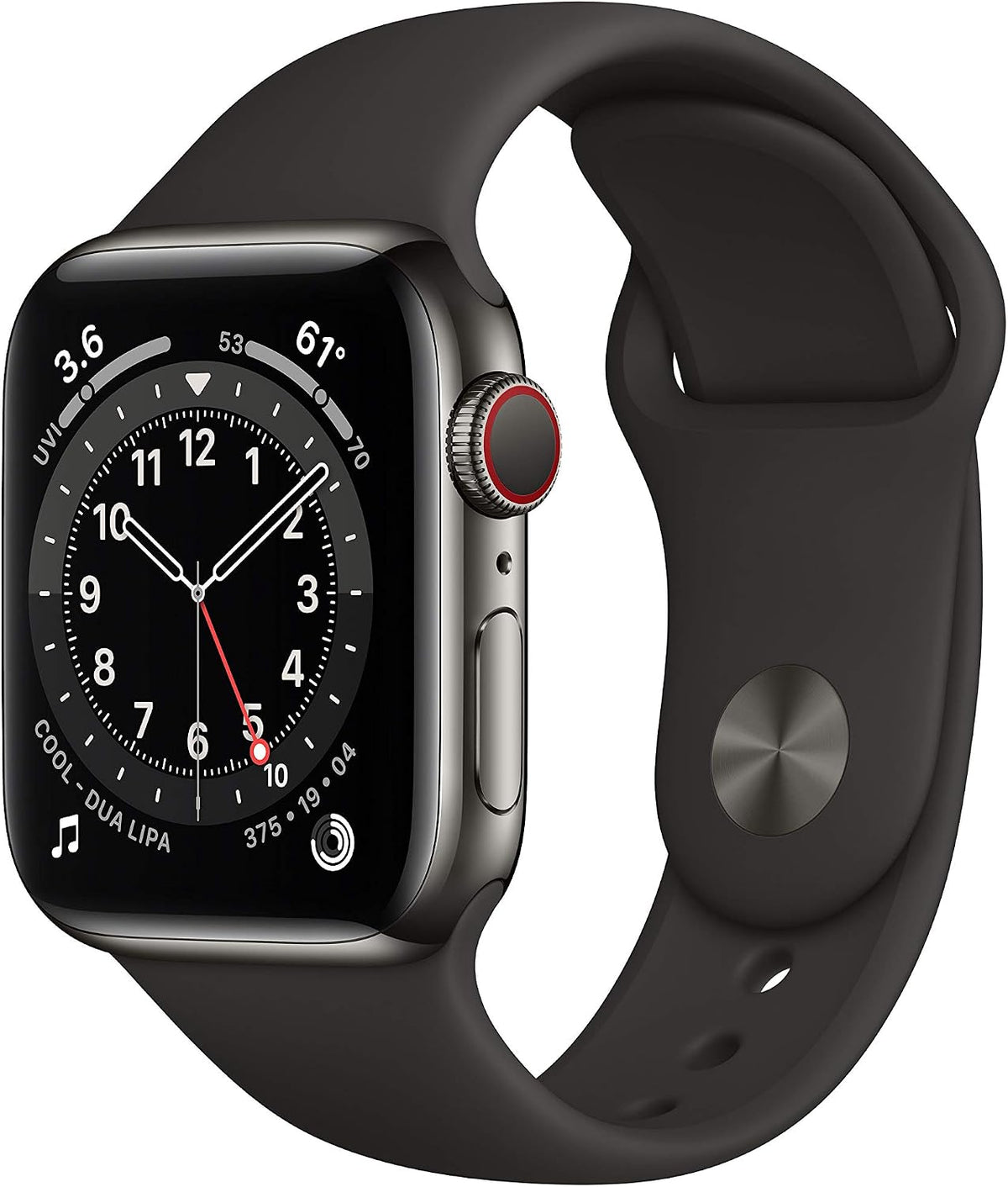 Apple Watch Series 6 [GPS + Cellular, inkl. Sportarmband schwarz] 40mm Edelstahlgehäuse graphit – Refurbished – Produktansicht