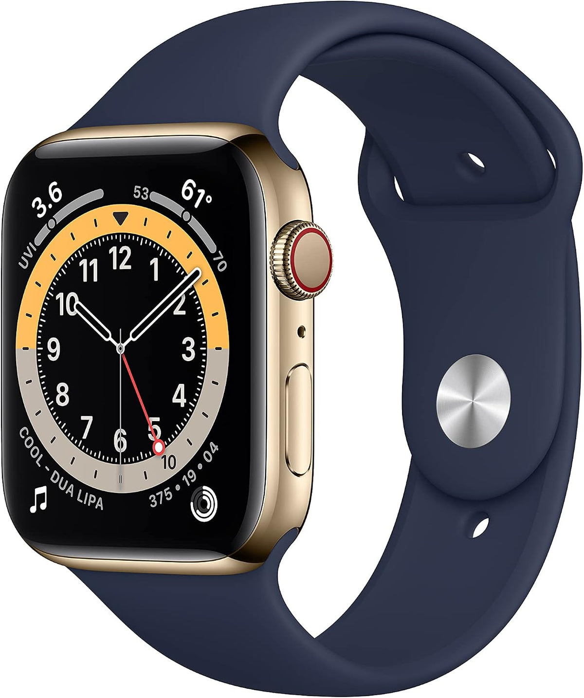 Apple Watch Series 6 [GPS + Cellular, inkl. Sportarmband dunkelmarine] 44mm Edelstahlgehäuse gold – Refurbished – Produktansicht