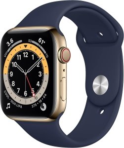 Apple Watch Series 6 [GPS + Cellular, inkl. Sportarmband dunkelmarine] 44mm Edelstahlgehäuse gold – Refurbished – Produktansicht