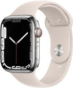 Apple Watch Series 7 [GPS + Cellular, inkl. Sportarmband polarstern] 45mm Edelstahlgehäuse silber – Refurbished – Produktansicht