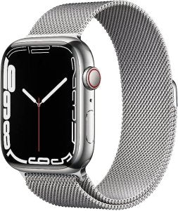 Apple Watch Series 7 [GPS + Cellular, inkl. Milanaise-Armband silber] 45mm Edelstahlgehäuse silber – Refurbished – Produktansicht