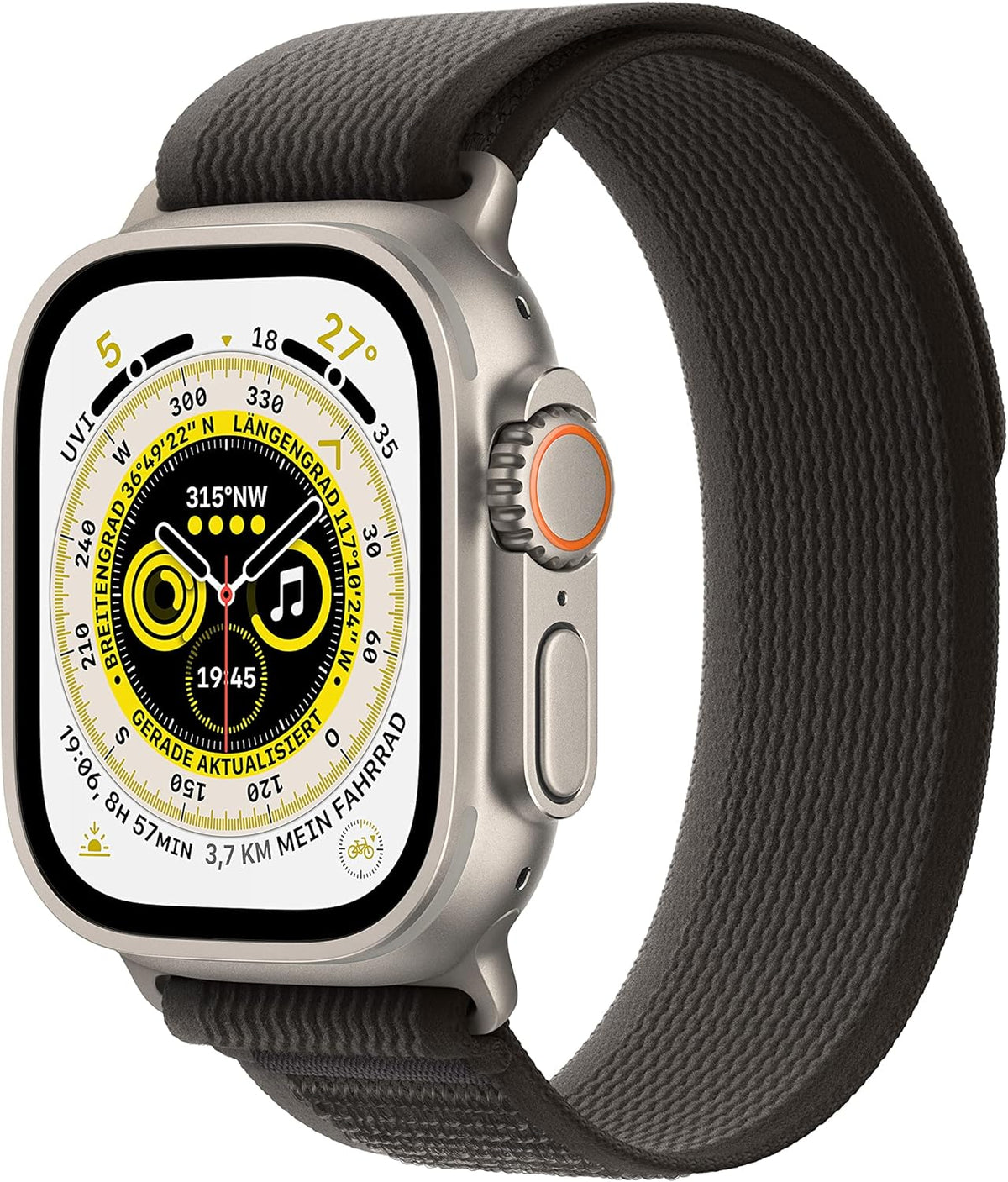 Apple Watch Ultra [GPS + Cellular, inkl. Nylon Trail Loop S/M schwarz/grau] Titangehäuse silber – Refurbished – Produktansicht
