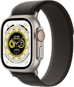 Apple Watch Ultra [GPS + Cellular, inkl. Nylon Trail Loop S/M schwarz/grau] Titangehäuse silber – Refurbished – Produktansicht