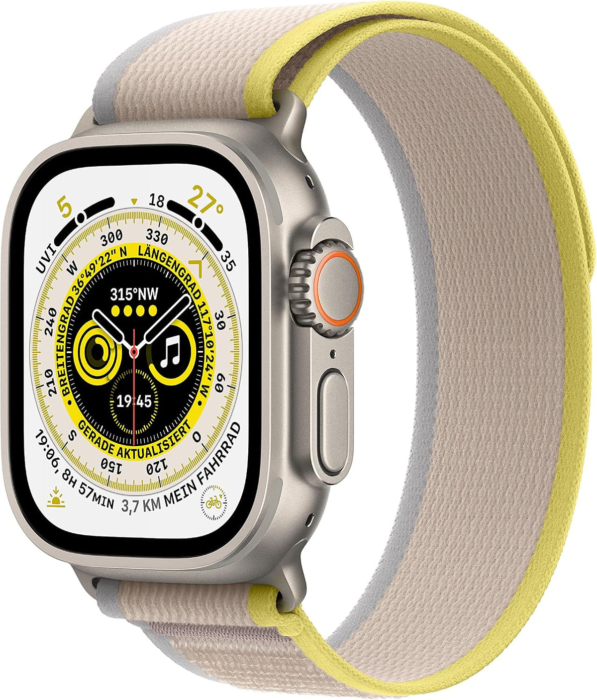 Apple Watch Ultra [GPS + Cellular, inkl. Nylon Trail Loop M/L gelb/beige] Titangehäuse silber – Refurbished – Produktansicht