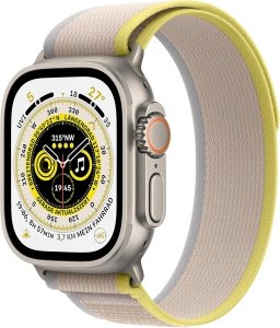 Apple Watch Ultra [GPS + Cellular, inkl. Nylon Trail Loop M/L gelb/beige] Titangehäuse silber – Refurbished – Produktansicht