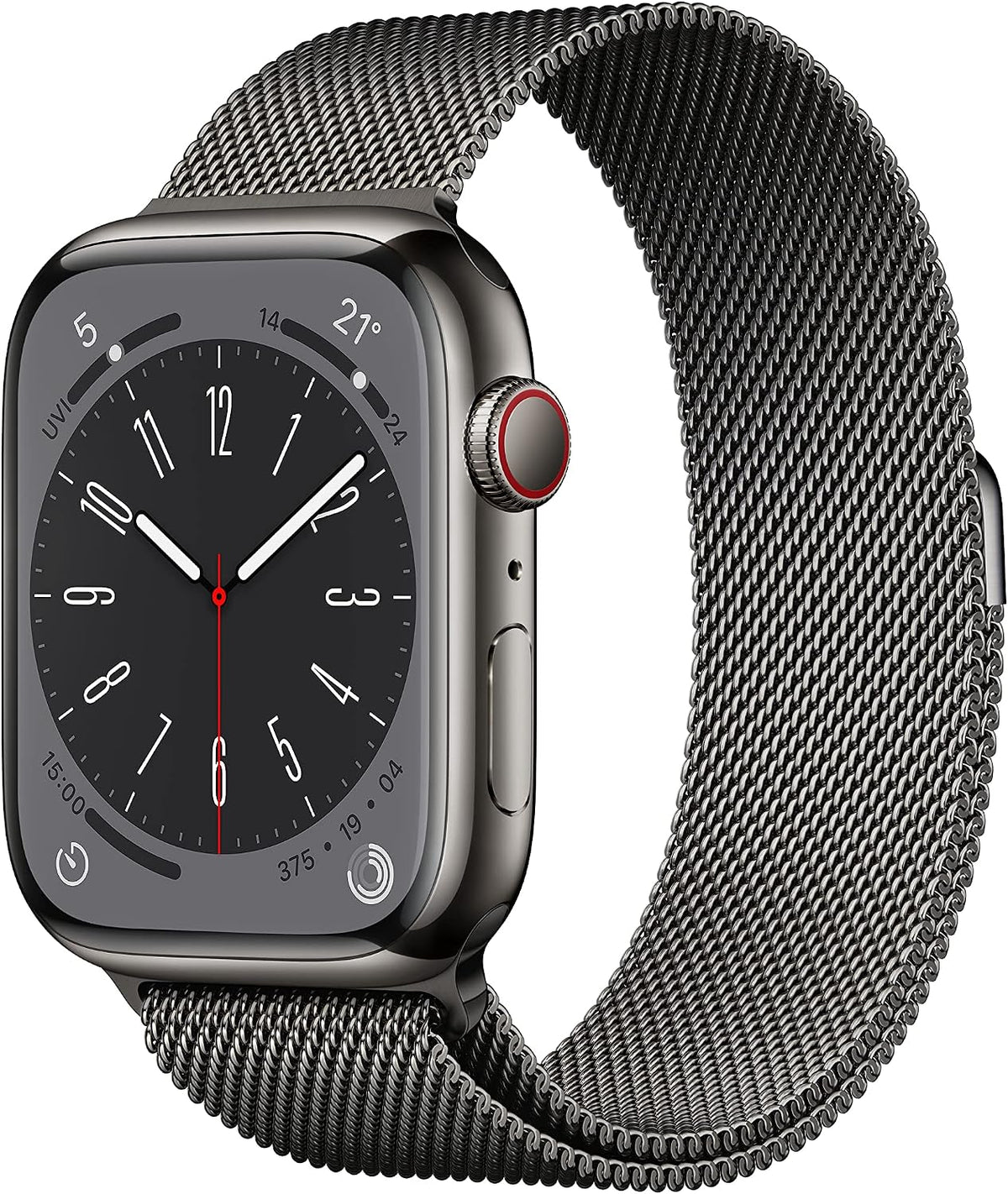 Apple Watch Series 8 [GPS + Cellular, inkl. Milanaise-Armband graphit] 45mm Edelstahlgehäuse graphit – Refurbished – Produktansicht