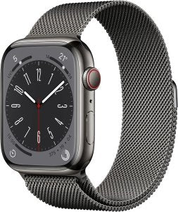 Apple Watch Series 8 [GPS + Cellular, inkl. Milanaise-Armband graphit] 45mm Edelstahlgehäuse graphit – Refurbished – Produktansicht
