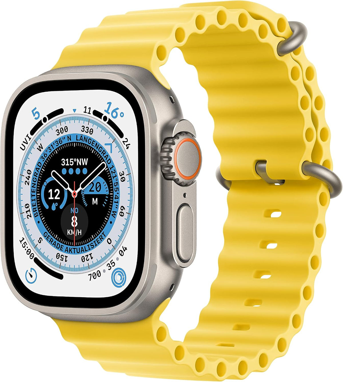 Apple Watch Ultra [GPS + Cellular, inkl. Ocean Armband gelb] Titangehäuse silber – Refurbished – Produktansicht