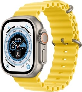 Apple Watch Ultra [GPS + Cellular, inkl. Ocean Armband gelb] Titangehäuse silber – Refurbished – Produktansicht