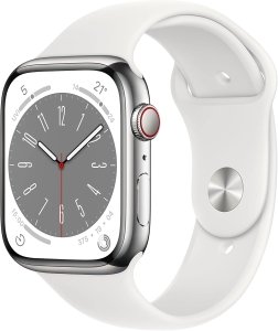 Apple Watch Series 8 [GPS + Cellular, inkl. Sportarmband weiß] 45mm Edelstahlgehäuse silber – Refurbished – Produktansicht