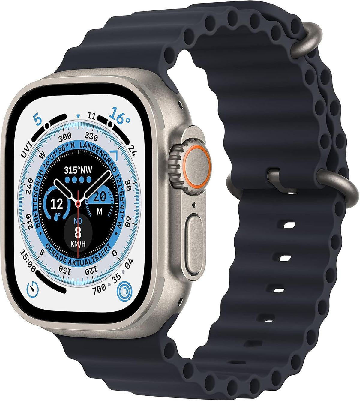 Apple Watch Ultra [GPS + Cellular, inkl. Ocean Armband mitternacht] Titangehäuse silber – Refurbished – Produktansicht