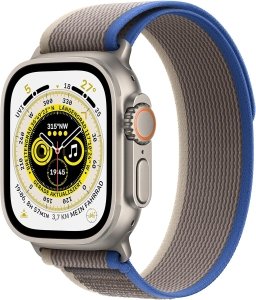 Apple Watch Ultra [GPS + Cellular, inkl. Nylon Trail Loop S/M blau/grau] Titangehäuse silber – Refurbished – Produktansicht