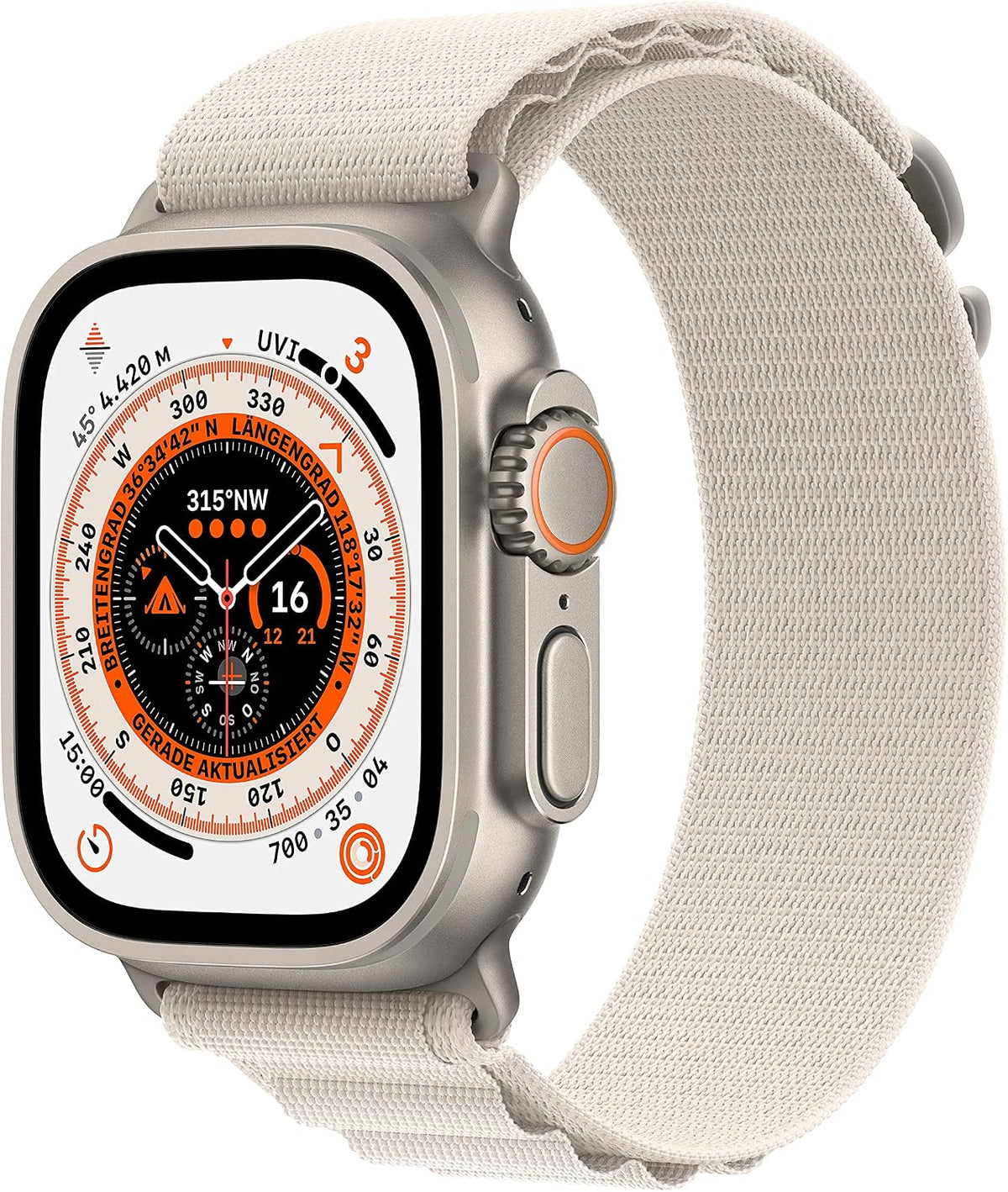 Apple Watch Ultra [GPS + Cellular, inkl. Polyester Alpine Loop M polarstern] Titangehäuse silber – Refurbished – Produktansicht