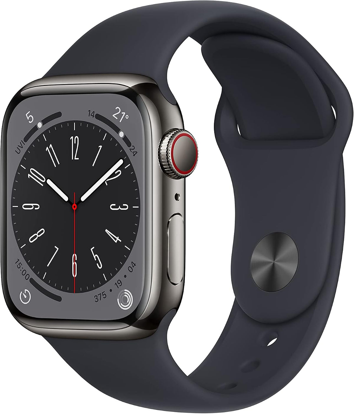 Apple Watch Series 8 [GPS + Cellular, inkl. Sportarmband mitternacht] 41mm Edelstahlgehäuse graphit – Refurbished – Produktansicht