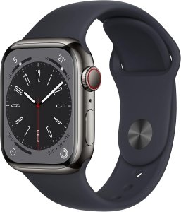 Apple Watch Series 8 [GPS + Cellular, inkl. Sportarmband mitternacht] 41mm Edelstahlgehäuse graphit – Refurbished – Produktansicht