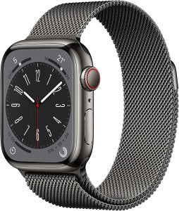 Apple Watch Series 8 [GPS + Cellular, inkl. Milanaise-Armband graphit] 41mm Edelstahlgehäuse graphit – Refurbished – Produktansicht