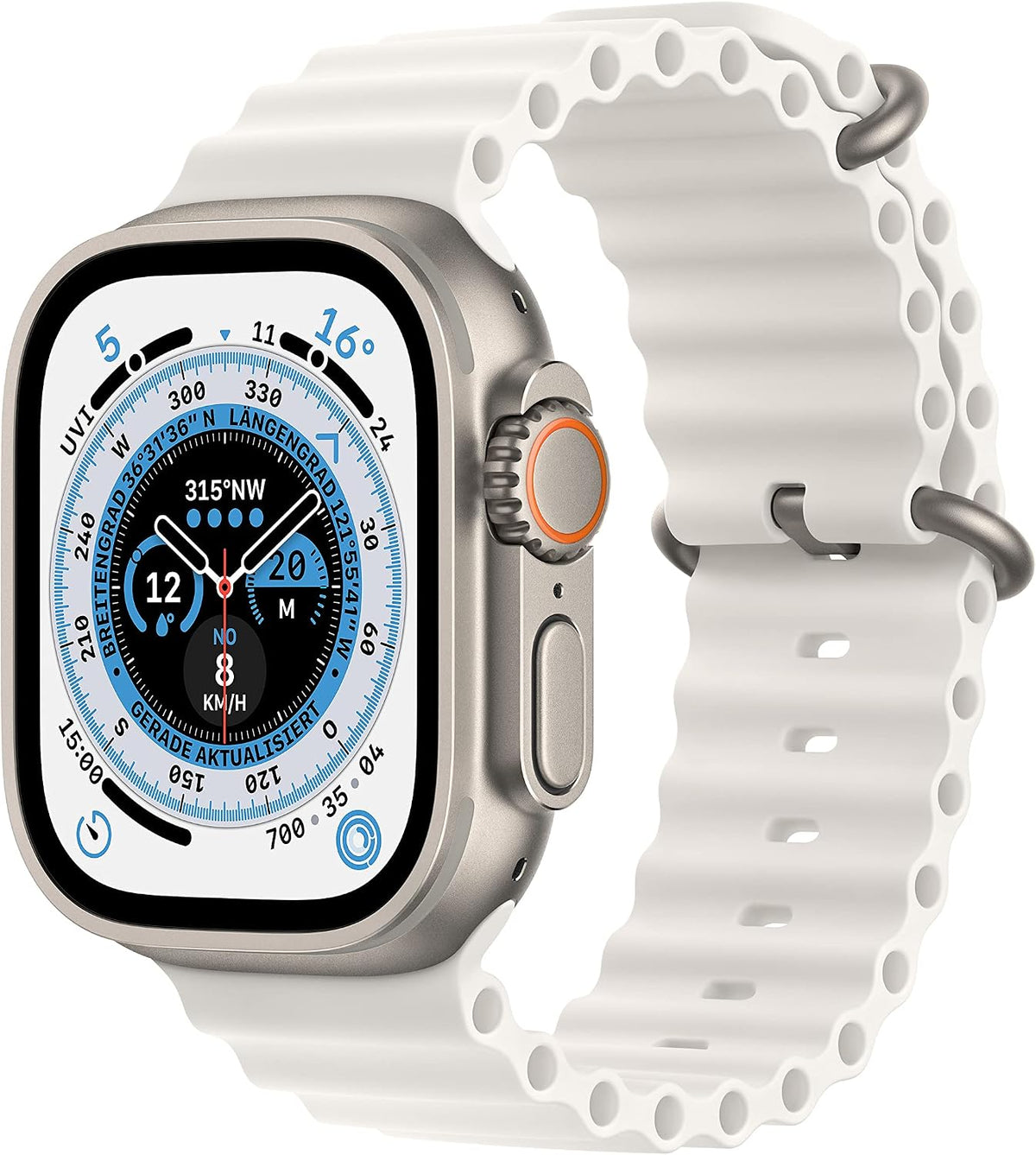 Apple Watch Ultra [GPS + Cellular, inkl. Ocean Armband weiß] Titangehäuse silber – Refurbished – Produktansicht