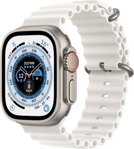 Apple Watch Ultra [GPS + Cellular, inkl. Ocean Armband weiß] Titangehäuse silber – Refurbished – Produktansicht