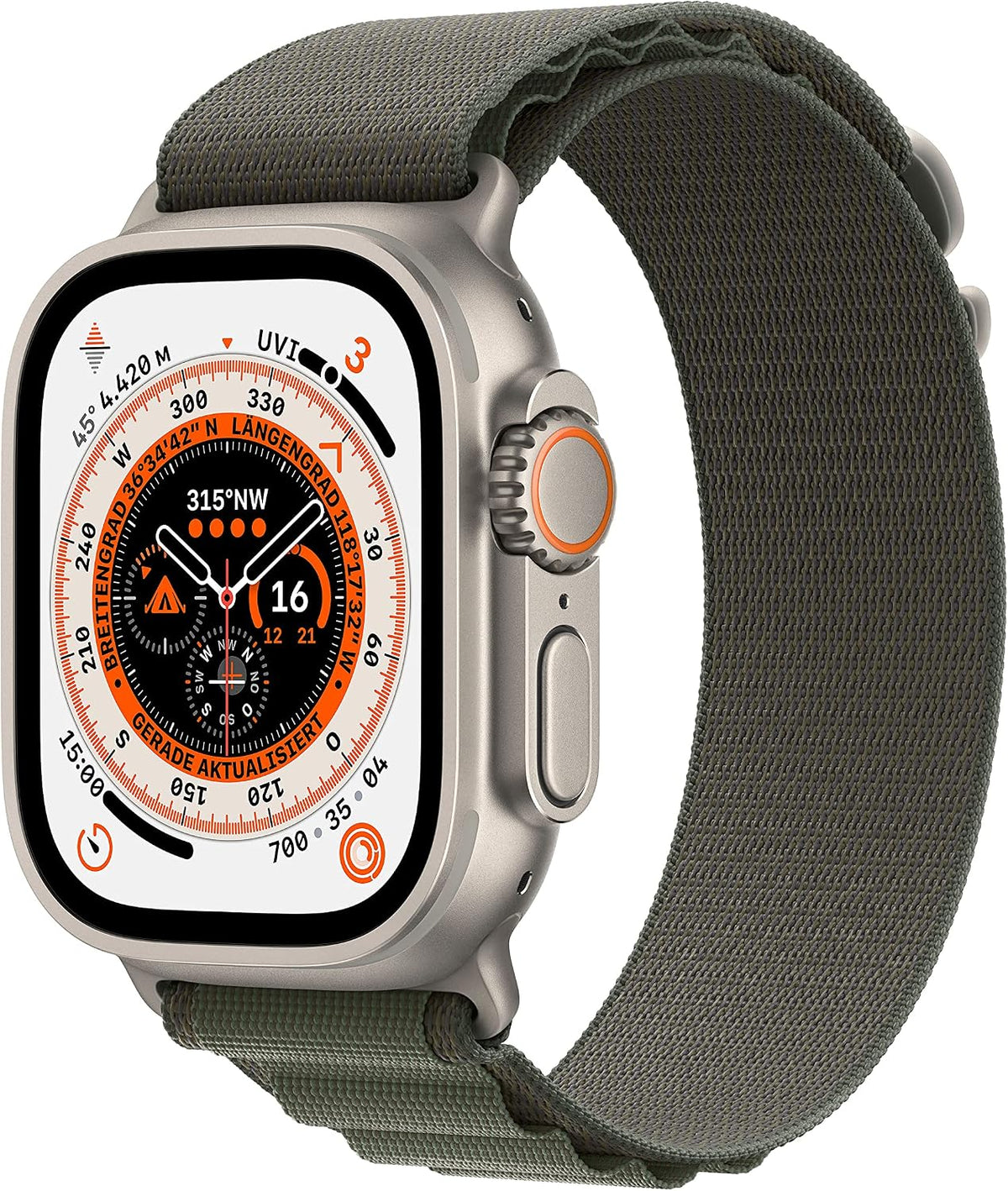 Apple Watch Ultra [GPS + Cellular, inkl. Polyester Alpine Loop M grün] Titangehäuse silber – Refurbished – Produktansicht