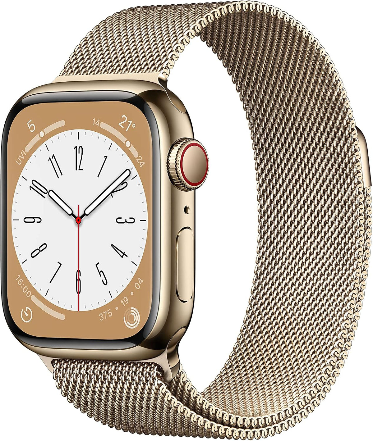 Apple Watch Series 8 [GPS + Cellular, inkl. Milanaise-Armband gold] 41mm Edelstahlgehäuse gold – Refurbished – Produktansicht
