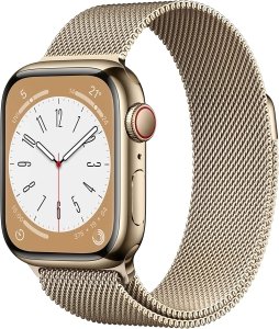 Apple Watch Series 8 [GPS + Cellular, inkl. Milanaise-Armband gold] 41mm Edelstahlgehäuse gold – Refurbished – Produktansicht
