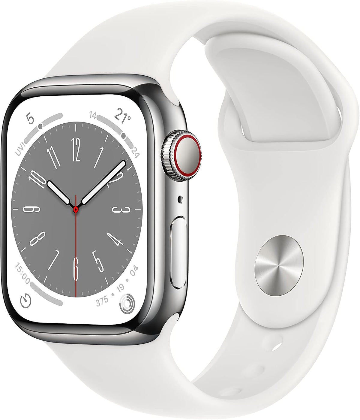 Apple Watch Series 8 [GPS + Cellular, inkl. Sportarmband weiß] 41mm Edelstahlgehäuse silber – Refurbished – Produktansicht