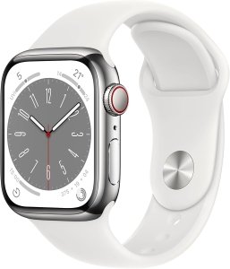 Apple Watch Series 8 [GPS + Cellular, inkl. Sportarmband weiß] 41mm Edelstahlgehäuse silber – Refurbished – Produktansicht