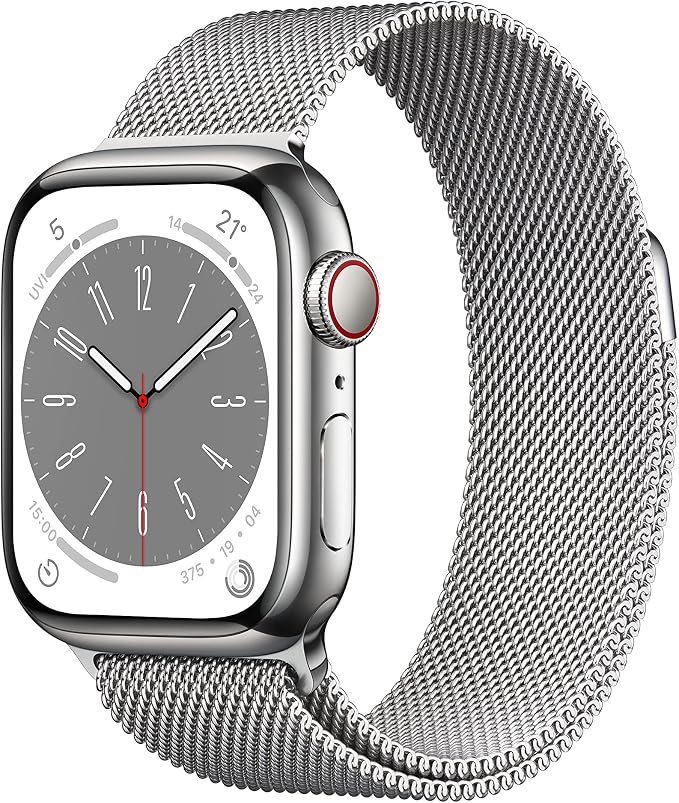 Apple Watch Series 8 [GPS + Cellular, inkl. Milanaise-Armband silber] 41mm Edelstahlgehäuse silber – Refurbished – Produktansicht
