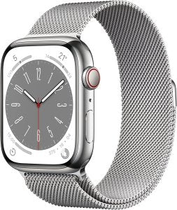 Apple Watch Series 8 [GPS + Cellular, inkl. Milanaise-Armband silber] 45mm Edelstahlgehäuse silber – Refurbished – Produktansicht