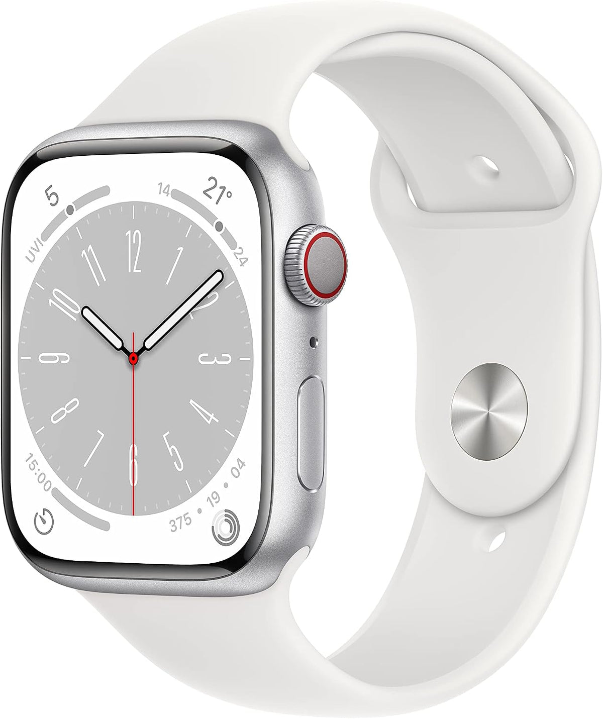 Apple Watch Series 8 [GPS + Cellular, inkl. Sportarmband weiß] 45mm Aluminiumgehäuse silber – Refurbished – Produktansicht