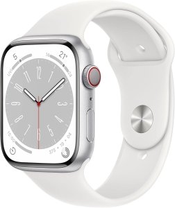 Apple Watch Series 8 [GPS + Cellular, inkl. Sportarmband weiß] 45mm Aluminiumgehäuse silber – Refurbished – Produktansicht