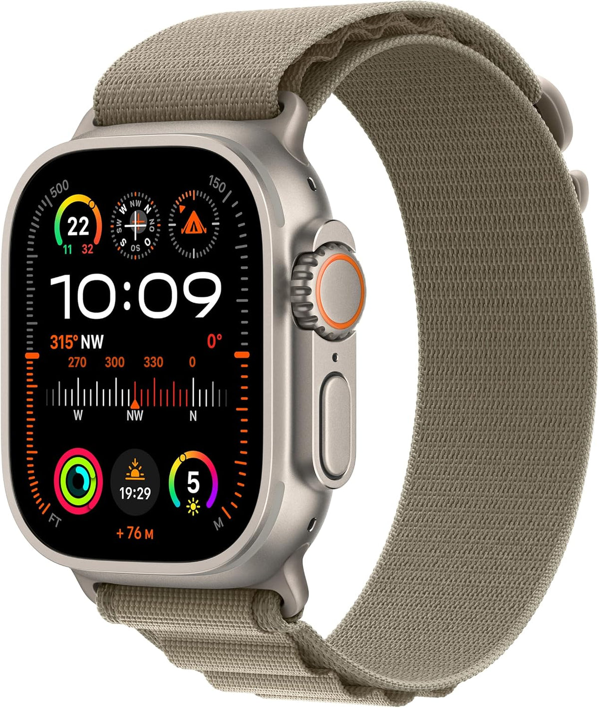 Apple Watch Ultra 2 [GPS + Cellular, inkl. Polyester Alpine M olivgrün] Titangehäuse silber – Refurbished – Produktansicht
