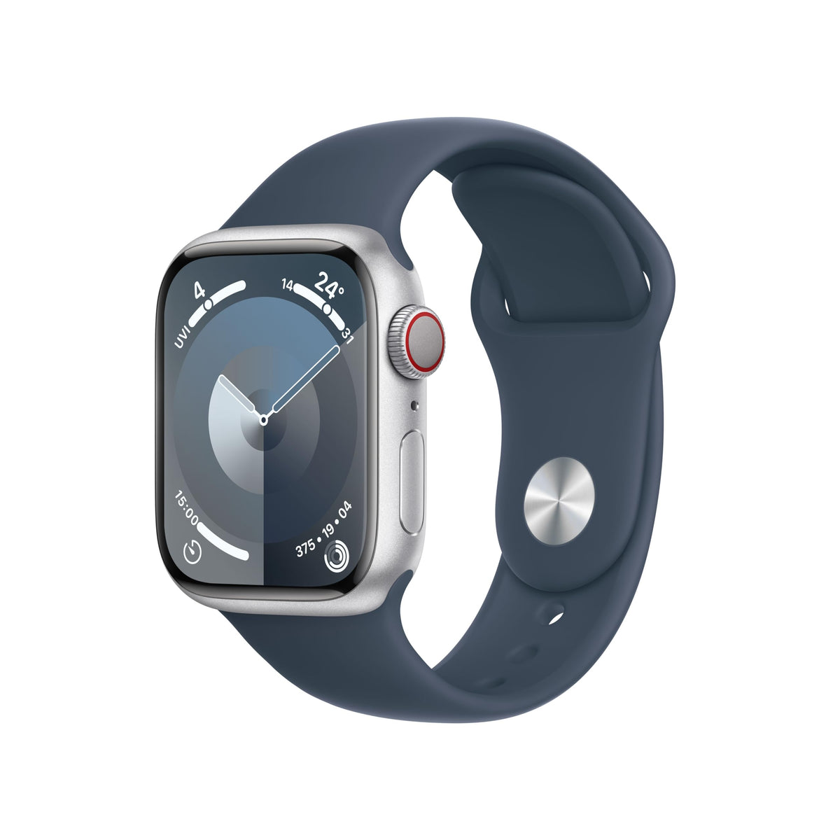 Apple Watch Series 9 [GPS + Cellular, inkl. Sportarmband S/M sturmblau] 41mm Aluminiumgehäuse silber – Refurbished – Produktansicht