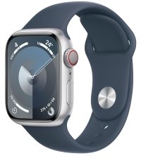 Apple Watch Series 9 [GPS + Cellular, inkl. Sportarmband S/M sturmblau] 41mm Aluminiumgehäuse silber – Refurbished – Produktansicht