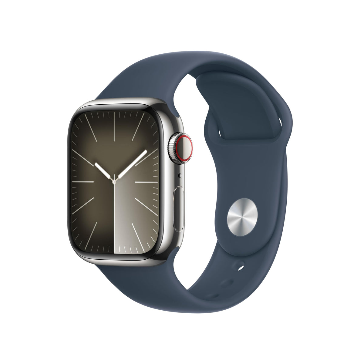 Apple Watch Series 9 [GPS + Cellular, inkl. Sportarmband M/L sturmblau] 41mm Edelstahlgehäuse silber – Refurbished – Produktansicht