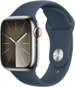 Apple Watch Series 9 [GPS + Cellular, inkl. Sportarmband M/L sturmblau] 41mm Edelstahlgehäuse silber – Refurbished – Produktansicht