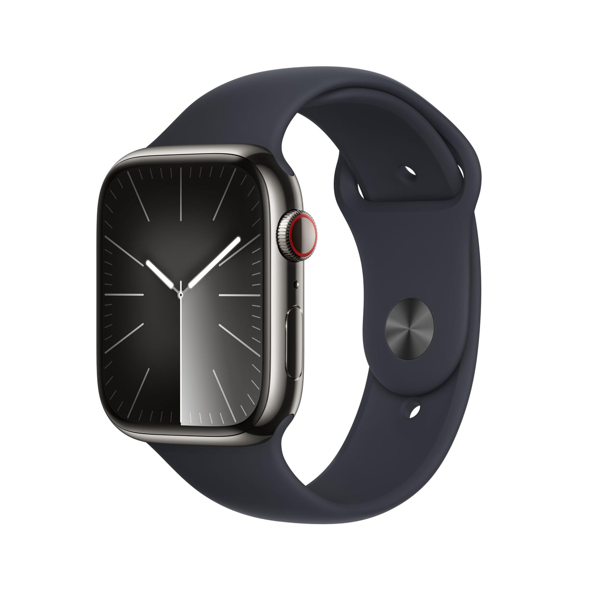 Apple Watch Series 9 [GPS + Cellular, inkl. Sportarmband M/L mitternacht] 45mm Edelstahlgehäuse graphit – Refurbished – Produktansicht