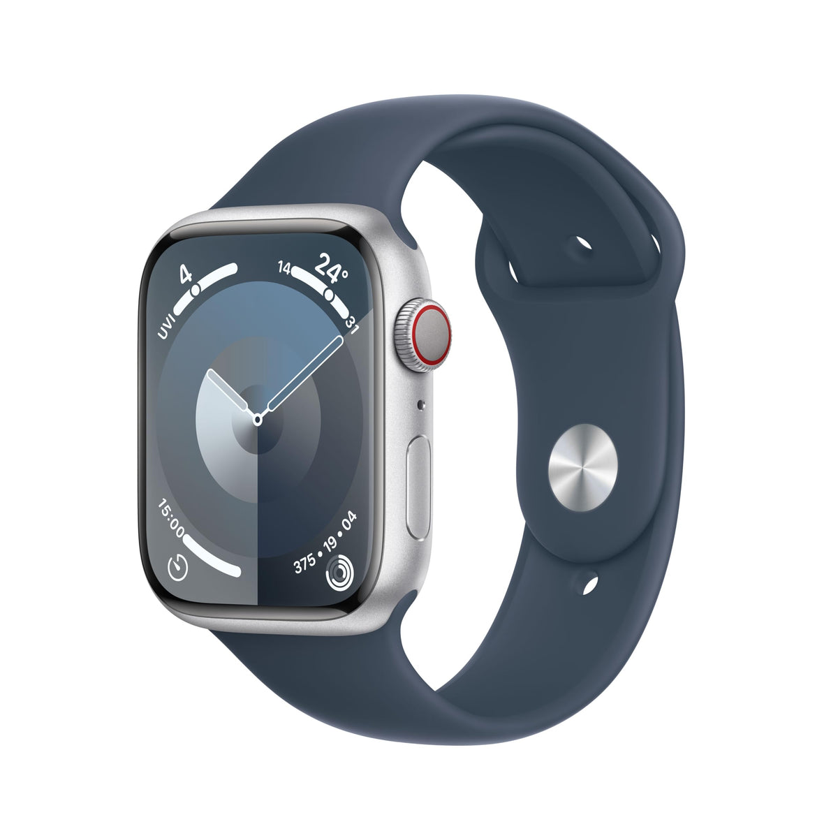 Apple Watch Series 9 [GPS + Cellular, inkl. Sportarmband M/L sturmblau] 45mm Aluminiumgehäuse silber – Refurbished – Produktansicht