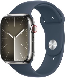 Apple Watch Series 9 [GPS + Cellular, inkl. Sportarmband S/M sturmblau] 45mm Edelstahlgehäuse silber – Refurbished – Produktansicht