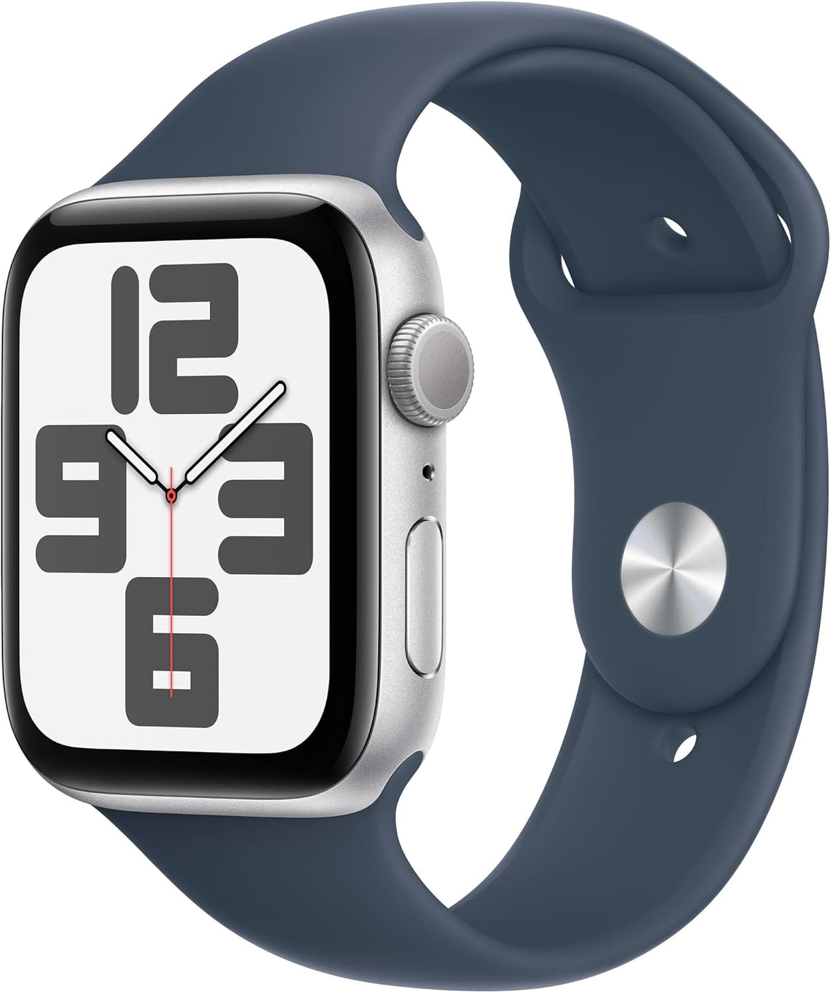 Apple Watch SE 2 (2023) [GPS, inkl. Sportarmband M/L sturmblau] 44mm Aluminiumgehäuse silber – Refurbished – Produktansicht