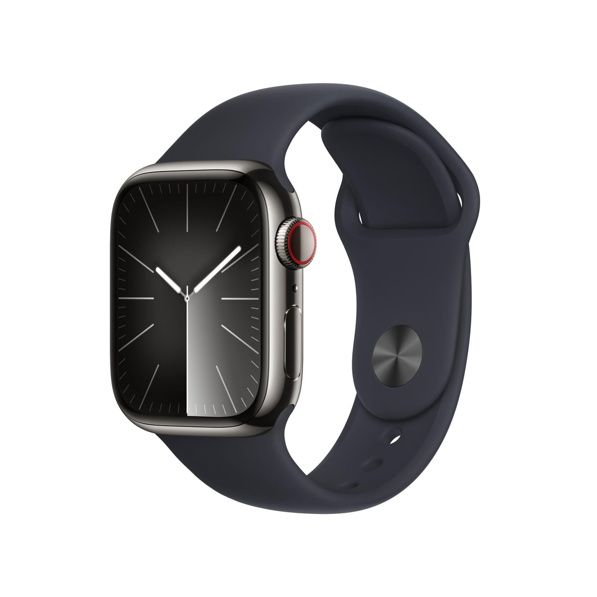 Apple Watch Series 9 [GPS + Cellular, inkl. Sportarmband M/L mitternacht] 41mm Edelstahlgehäuse graphit – Refurbished – Produktansicht