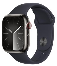 Apple Watch Series 9 [GPS + Cellular, inkl. Sportarmband M/L mitternacht] 41mm Edelstahlgehäuse graphit – Refurbished – Produktansicht