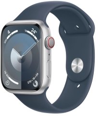 Apple Watch Series 9 [GPS + Cellular, inkl. Sportarmband S/M sturmblau] 45mm Aluminiumgehäuse silber – Refurbished – Produktansicht