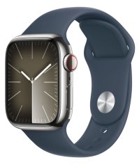 Apple Watch Series 9 [GPS + Cellular, inkl. Sportarmband S/M sturmblau] 41mm Edelstahlgehäuse silber – Refurbished – Produktansicht
