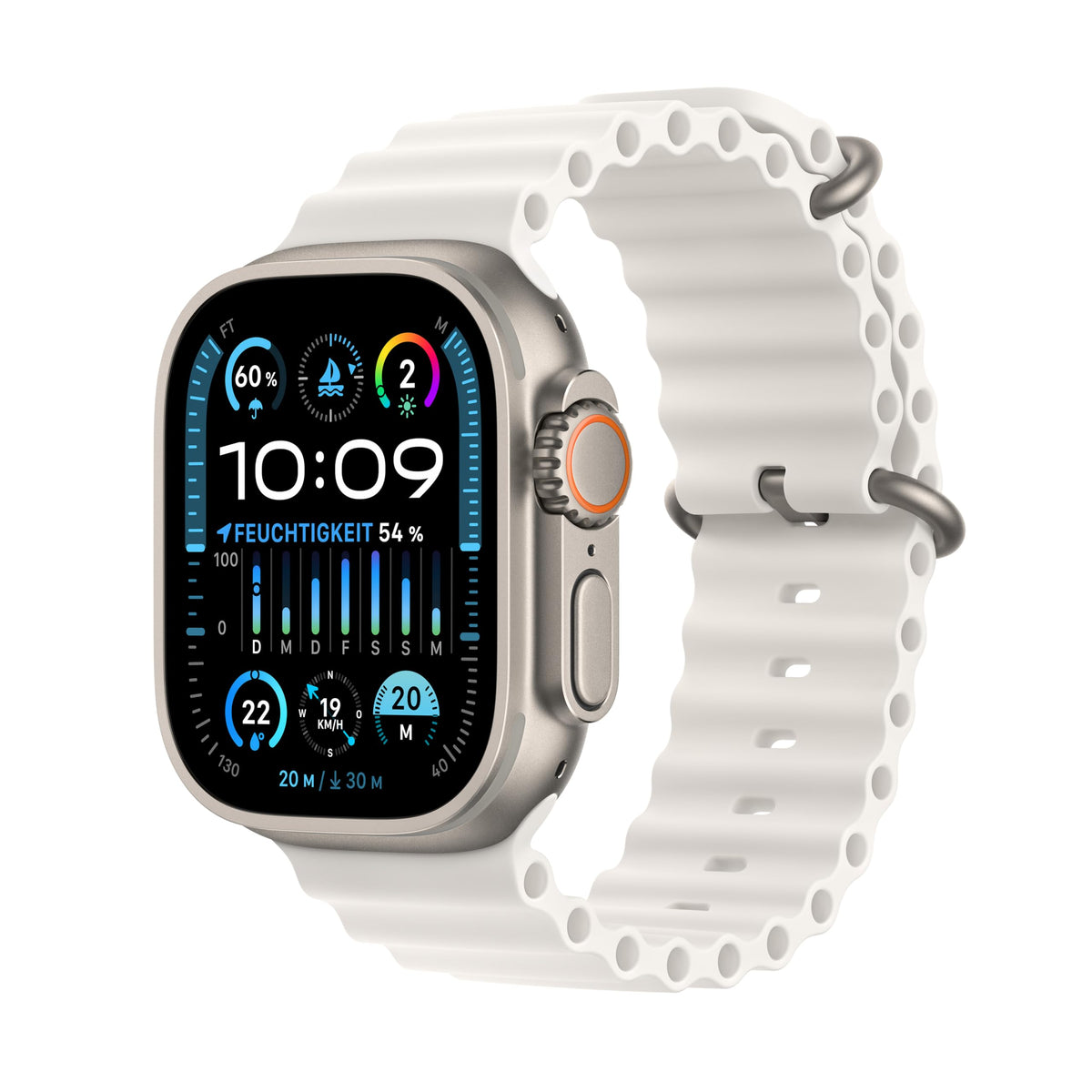 Apple Watch Ultra 2 [GPS + Cellular, inkl. Ocean Armband weiß] Titangehäuse silber – Refurbished – Produktansicht