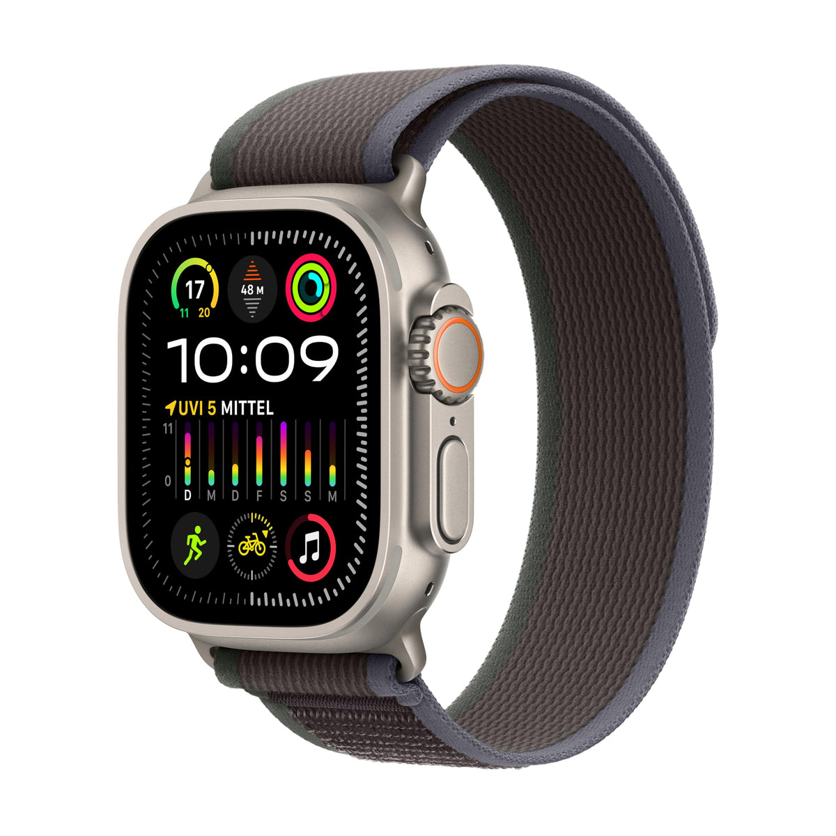 Apple Watch Ultra 2 [GPS + Cellular, inkl. Nylon Trail Loop M/L blau/schwarz] Titangehäuse silber – Refurbished – Produktansicht